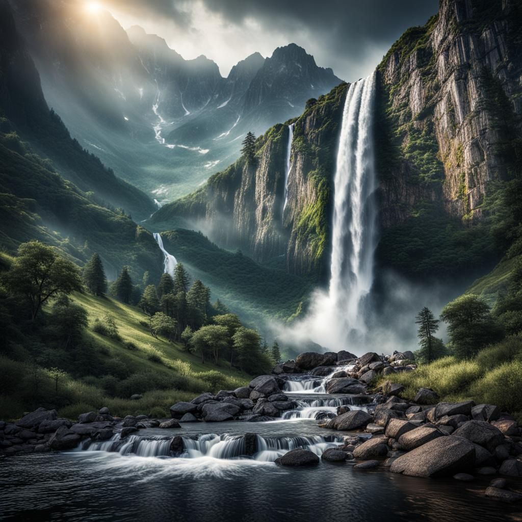 Hyperrealistic Waterfall Amidst Majestic Mountains