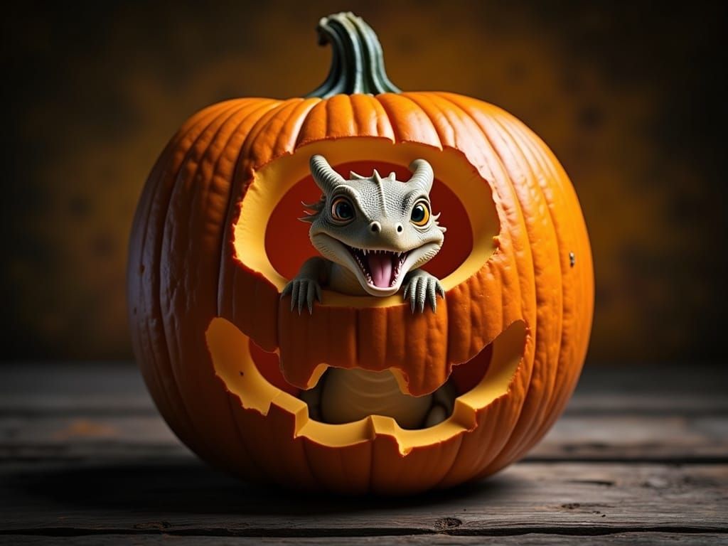 Happy Dragon in Halloween Pumpkin, Studio Photography