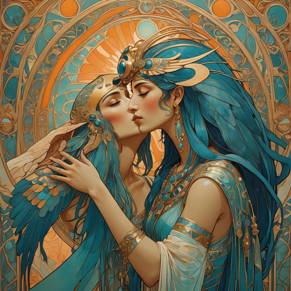 Thoth's Ka Whispering: A Surreal Art Nouveau Scene