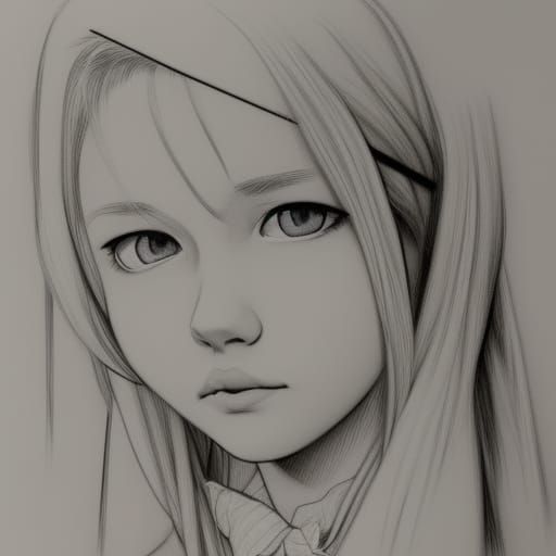 Mischievous Schoolgirl in Study, Color Ink Sketch