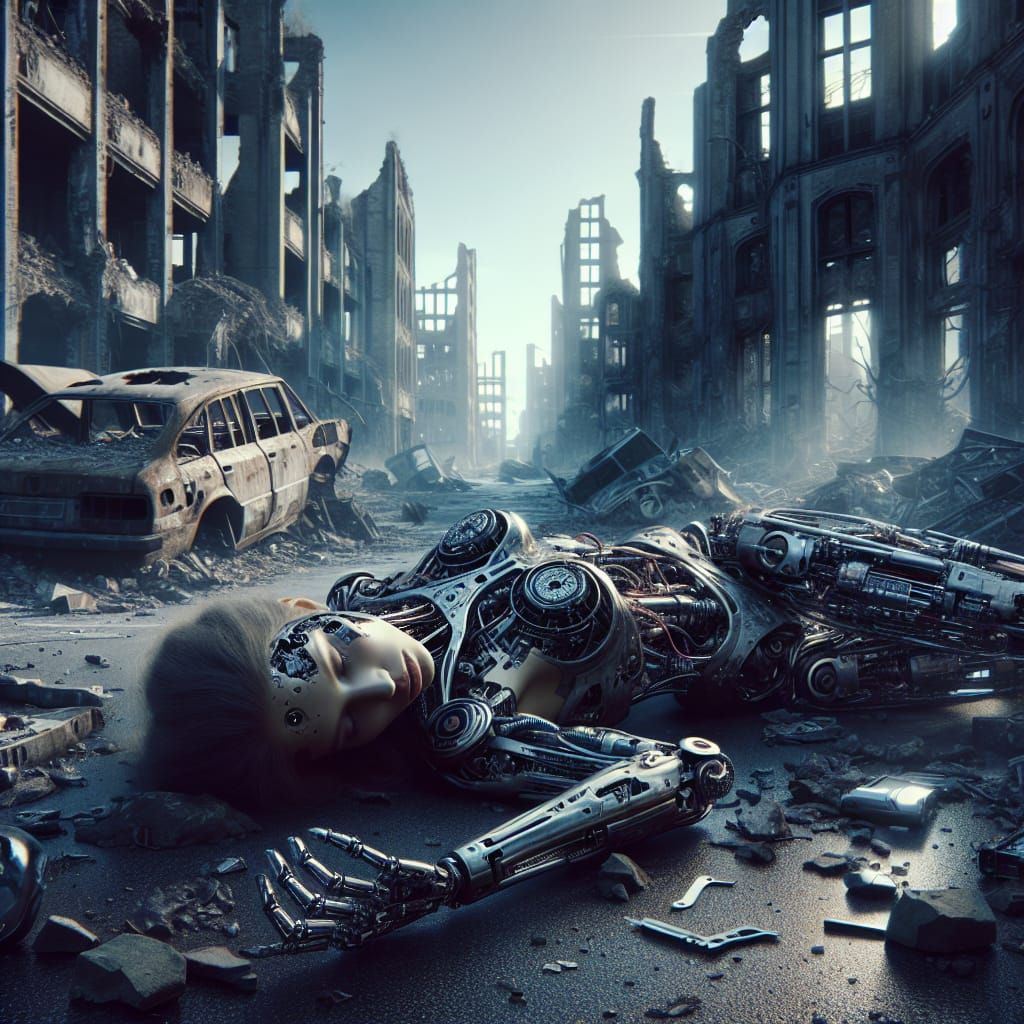 Apocalyptic Cyborg in a Dystopian Cityscape