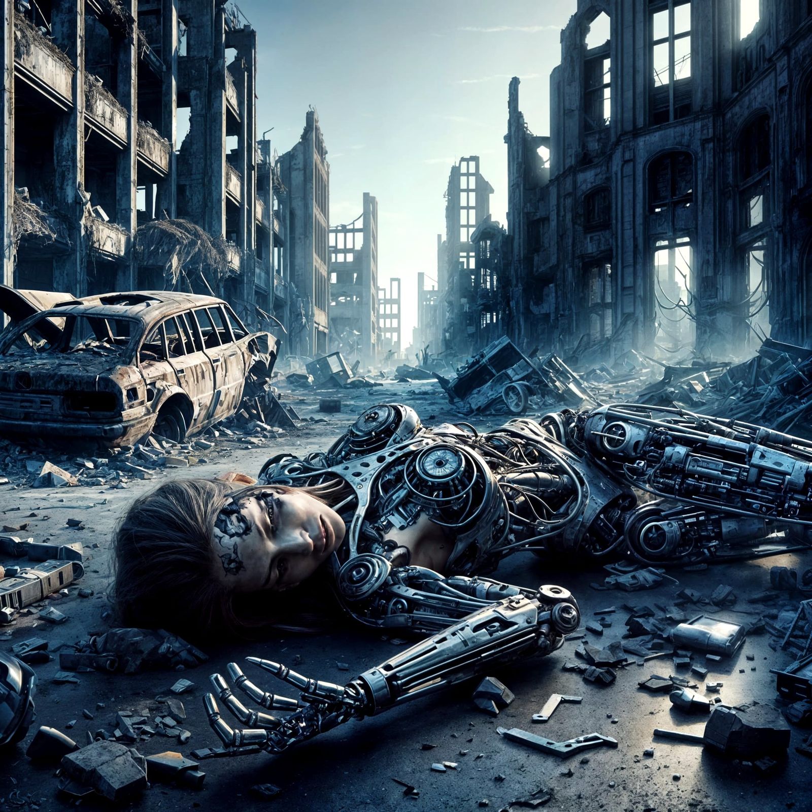 Damaged Cyborg in Post-Apocalyptic City Ruins
