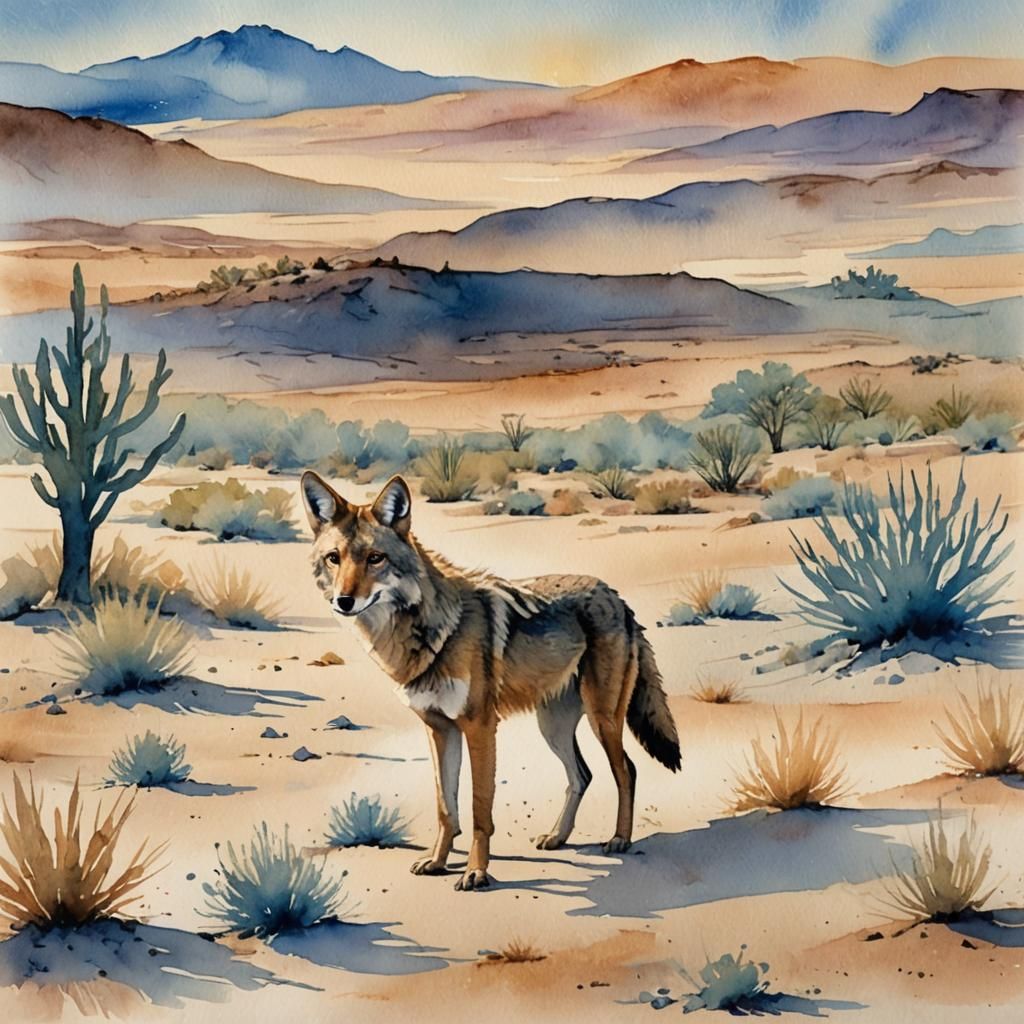 Coyote in Desert Landscape: Watercolor Illustration