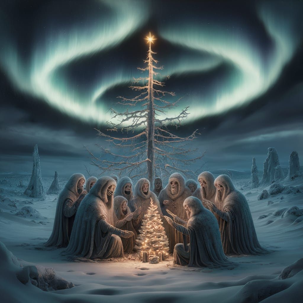 Post-Apocalyptic Snowscape with Ghostly Survivors and Wreath...