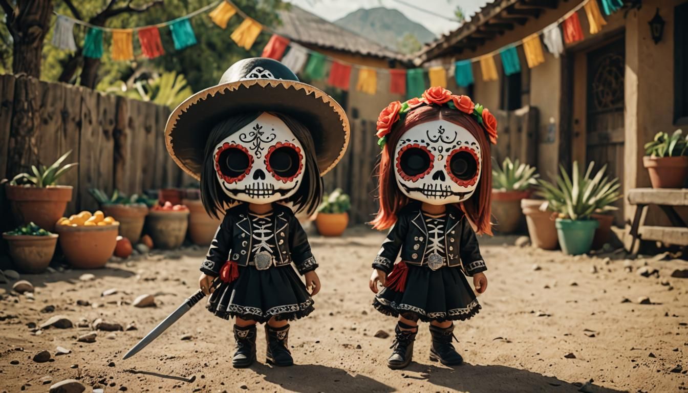 Chibi Girls Celebrate Cinco de Mayo with Skull Masks