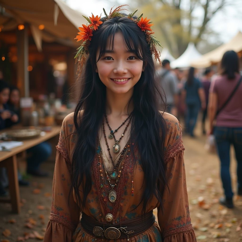 Asian American Woman in Pagan Attire at Autumn Festival