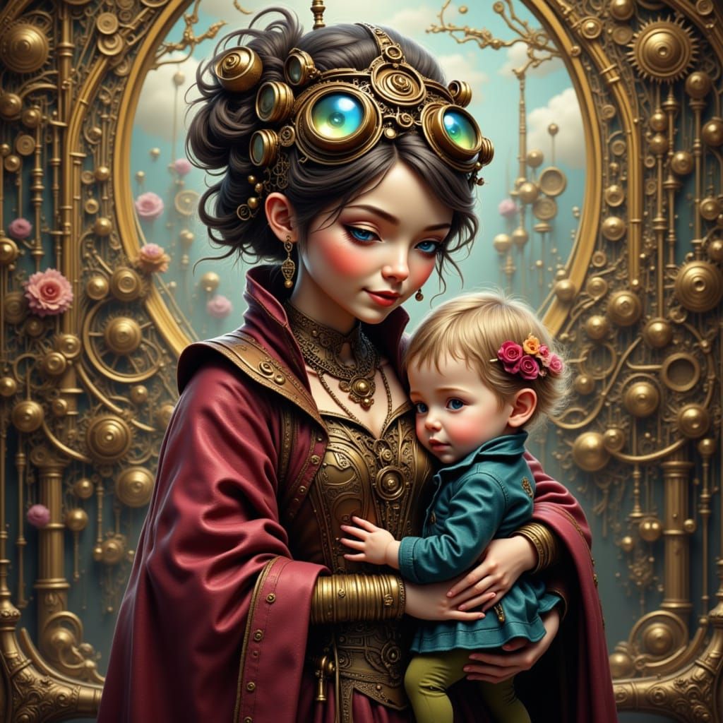 Steampunk Grandmother and Grandchild in Deep Colors