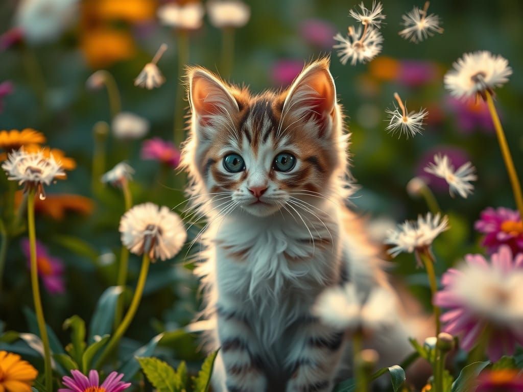 Whimsical Kitty Enchanted by Dancing Dandelions in Cinematic...
