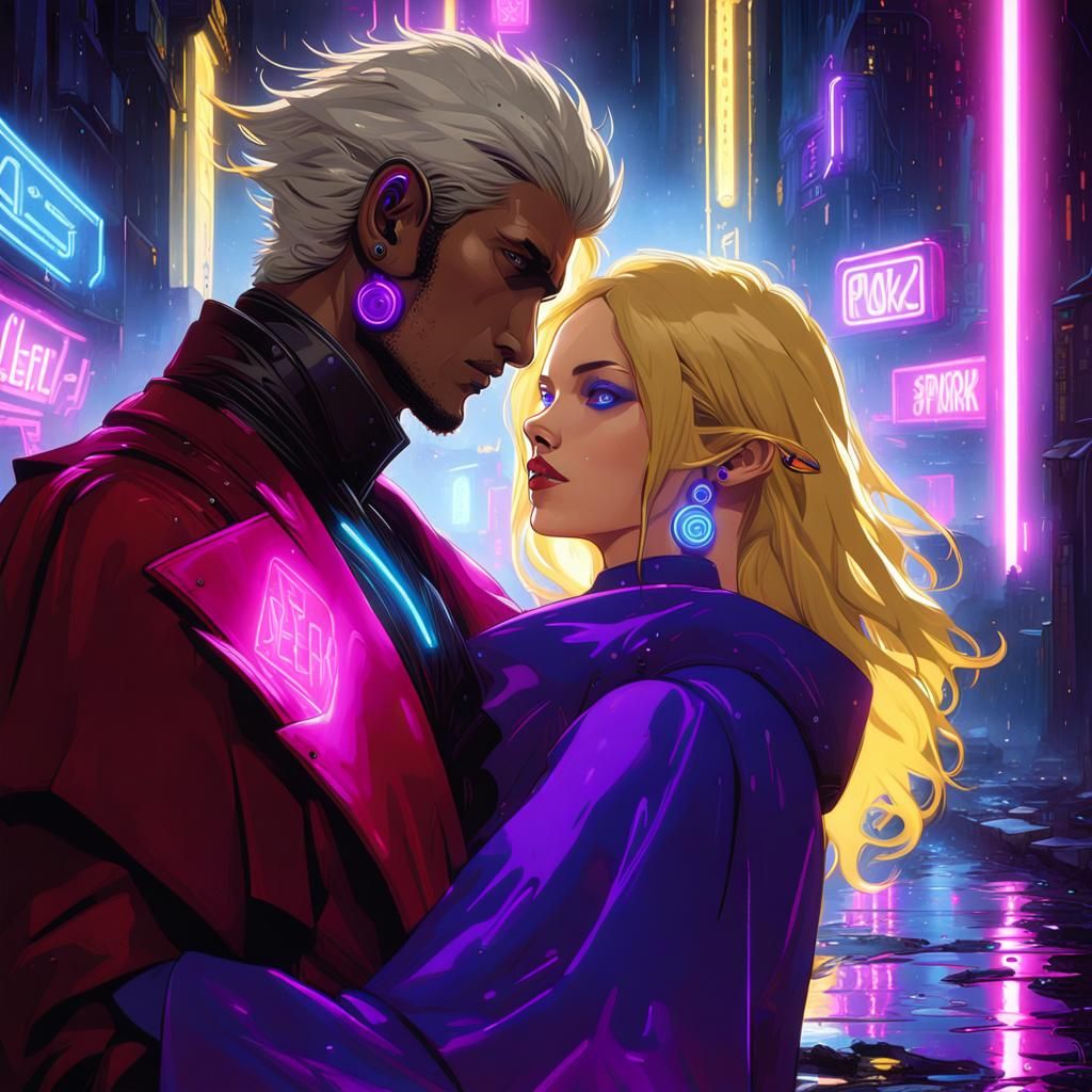 Cyberpunk Elf Embrace in Neon Noir Cityscape