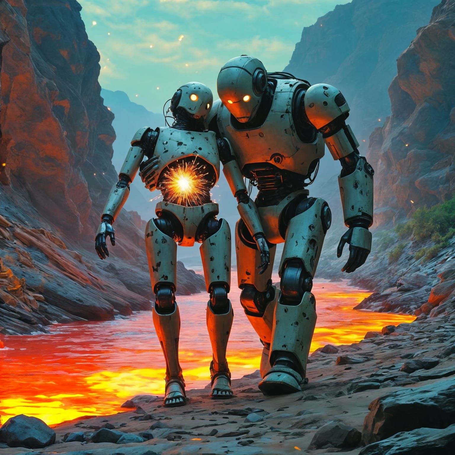 Mandroid Carries Damaged She-Bot on Alien World