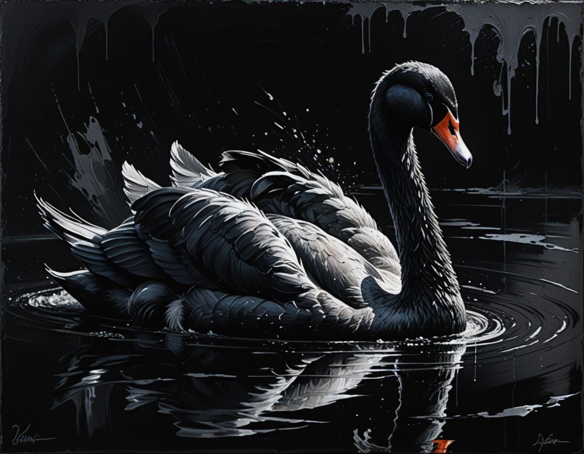 Grunge Swan Painting with Silver Highlights