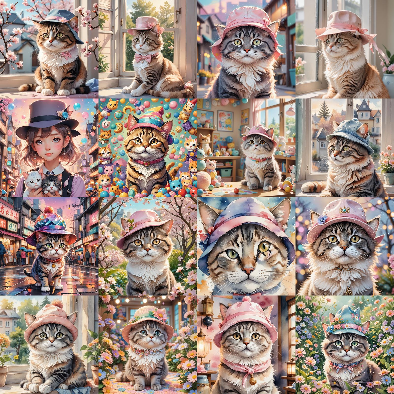 Cute Cat with Hat in Anime Style