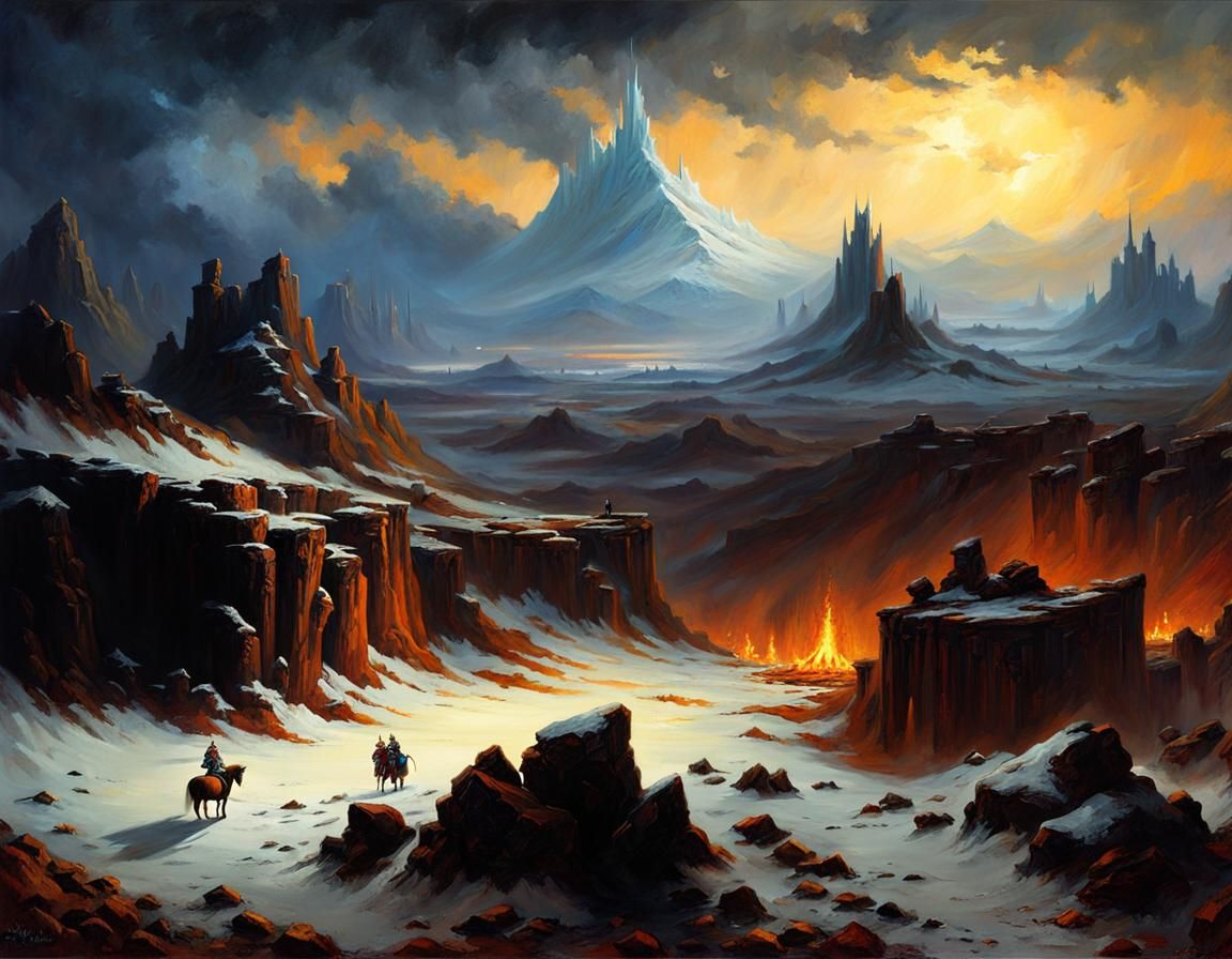 Frozen Volcanic Wasteland in Grimdark Fantasy Oil Painting
