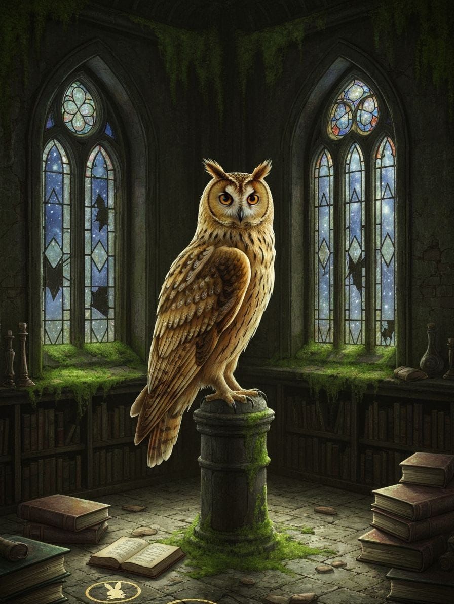 Golden Owl Guardian of Ancient Library Tower