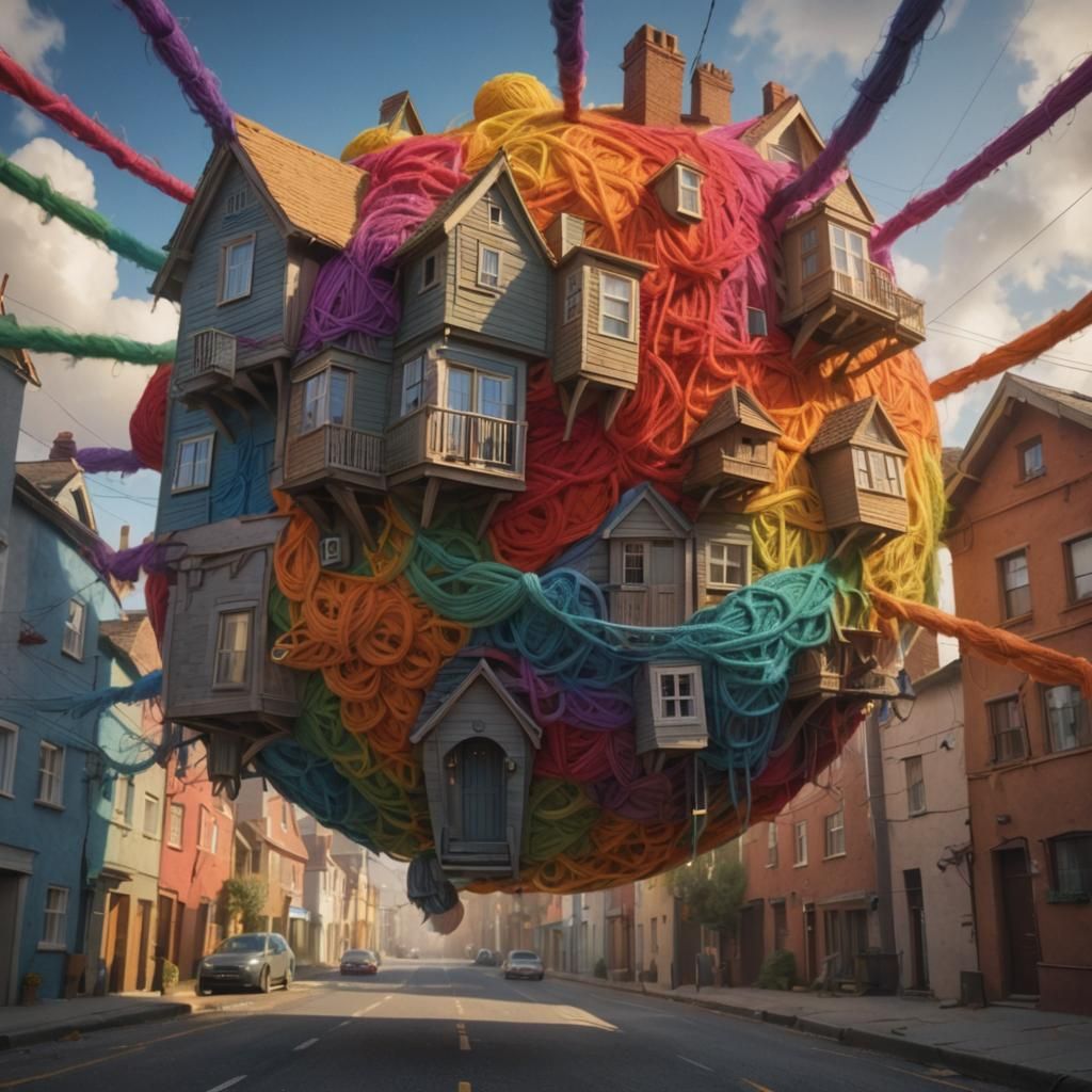 Surreal Buildings Inside Rainbow Yarn Ball