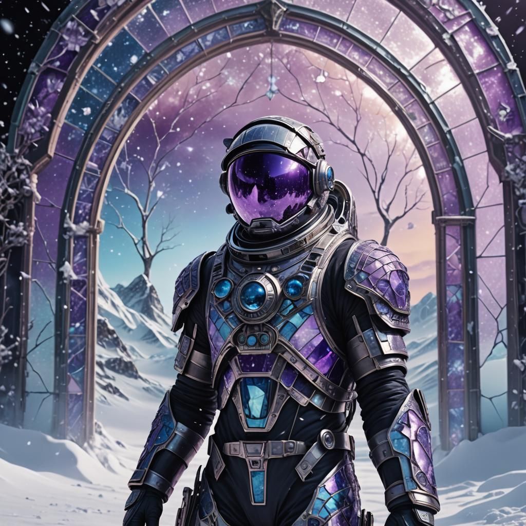 Astronaut in Stained Glass Mirror Mask in Snow
