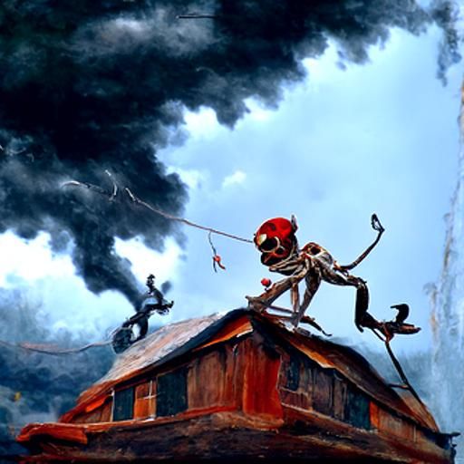 Surreal Puppets in Fiery Landscape, Oil Painting