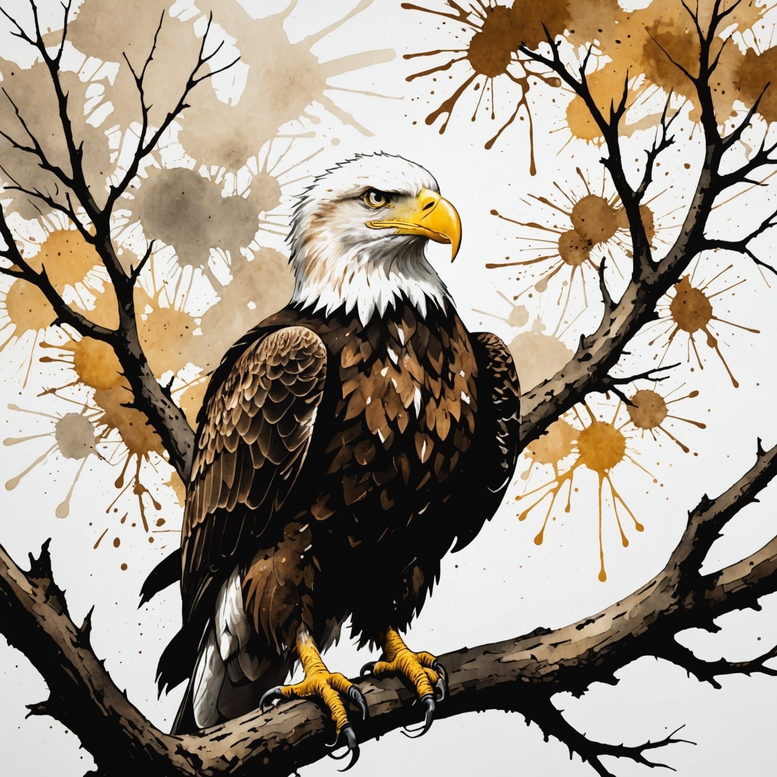 Bald Eagle Ink Splatter Painting on White