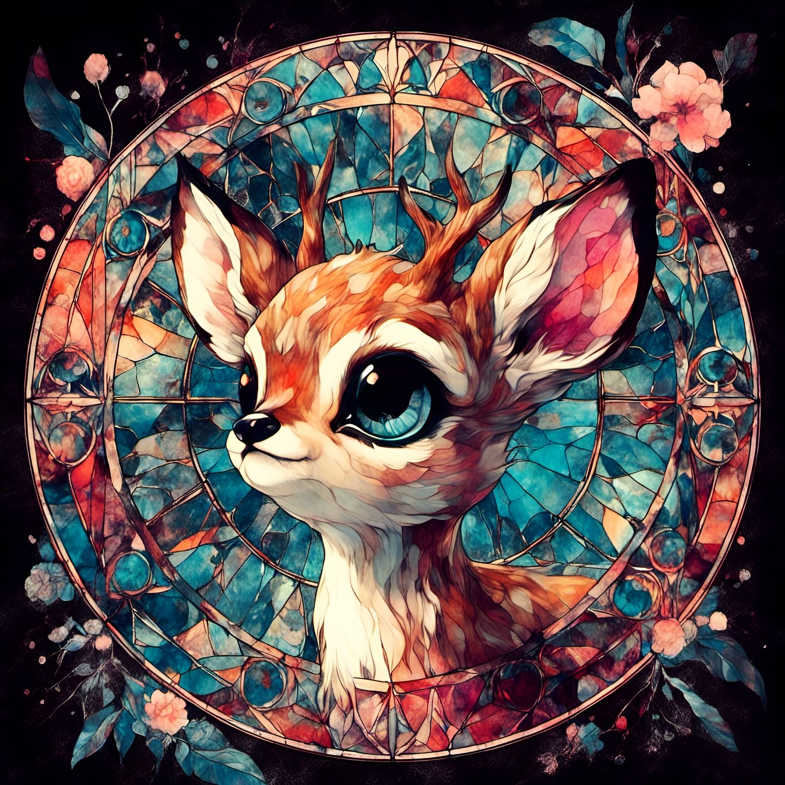 Vaporwave Fawn in Stained Glass Window