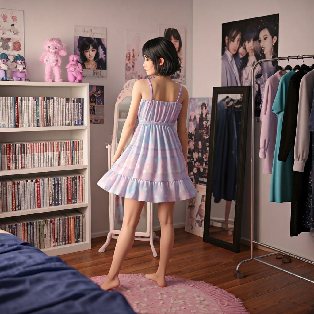 Slender Thai Girl in Bedroom, Trying On Cute Dress, Inspired...