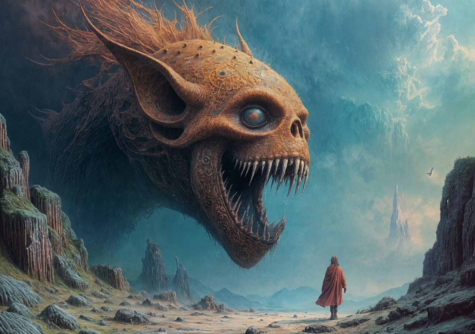 Beksiński-esque Holographic Demiurge with Watercolor Effects