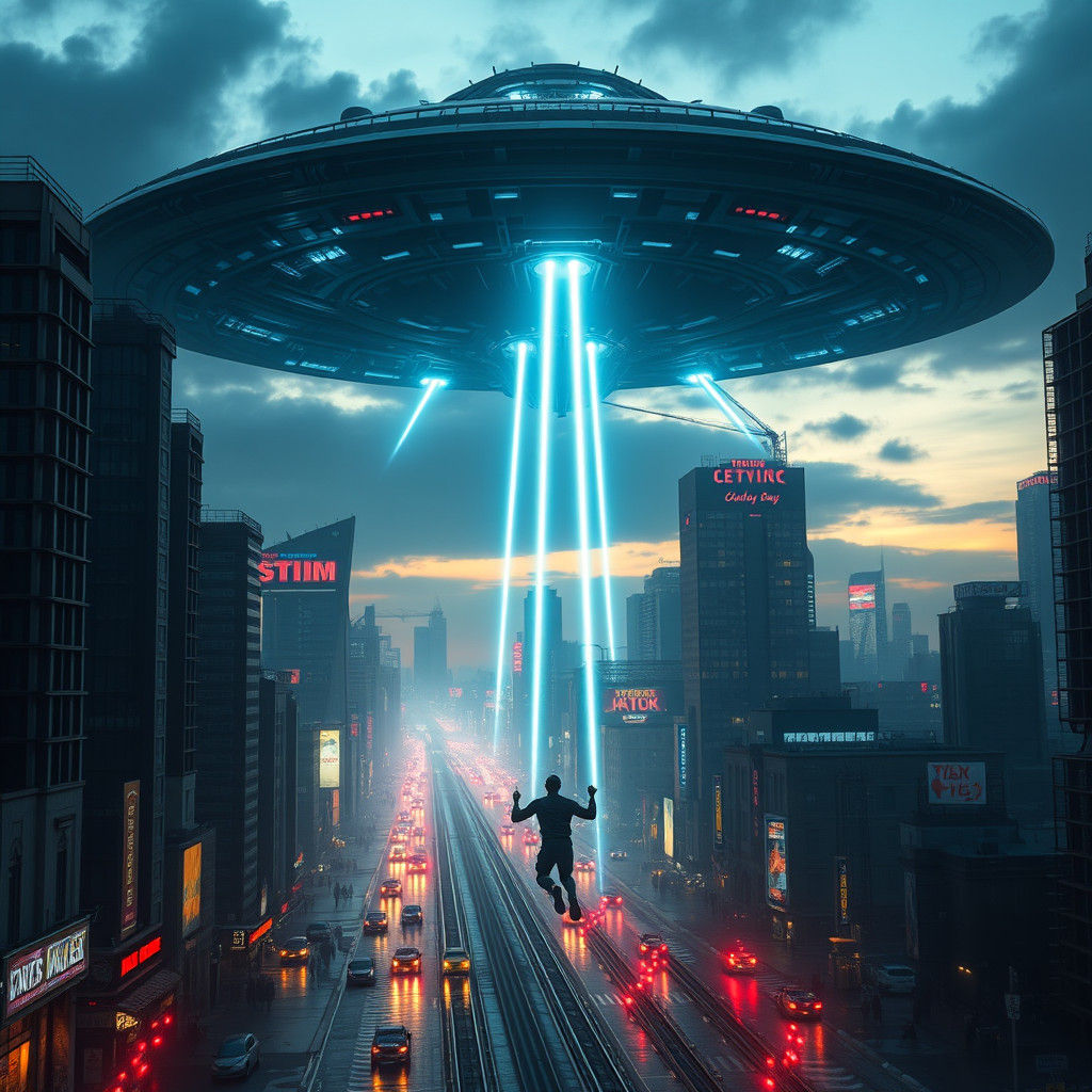 Alien Mothership Beams Humans in Cyberpunk Cityscape