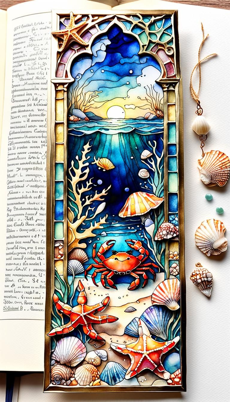 Seashell Stained Glass Bookmark in Watercolor Style
