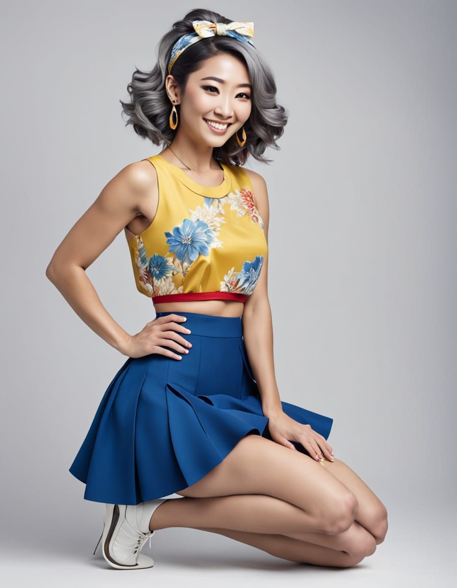 Playful Japanese Woman in Colorful Outfit