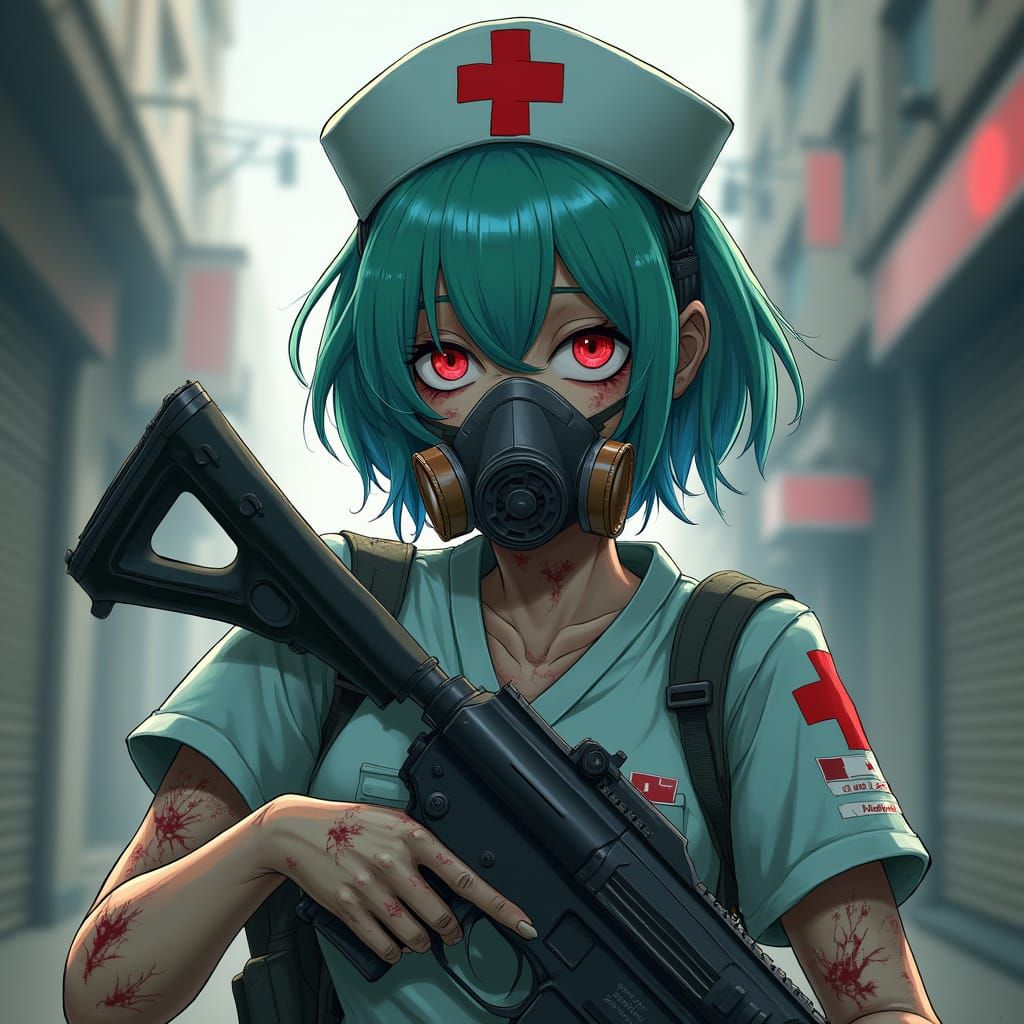 Anime Zombie Nurse with Machine Gun in Urban Fantasy Art Sty...
