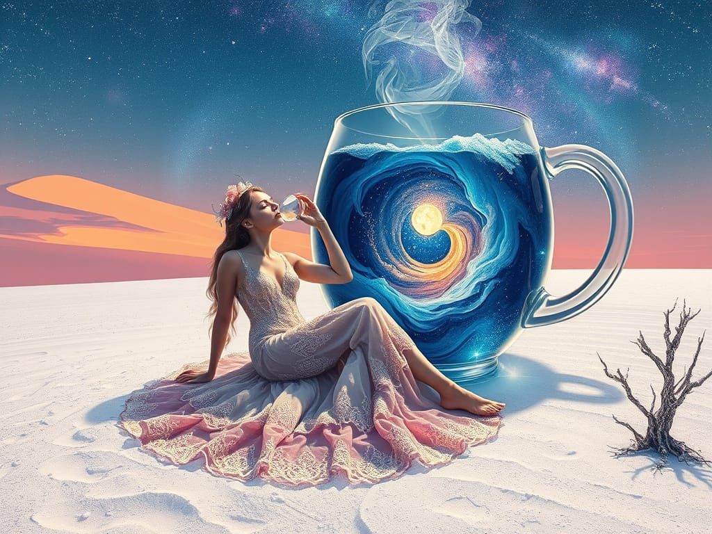Goddess Sipping Galaxy Coffee in Diamond Desert