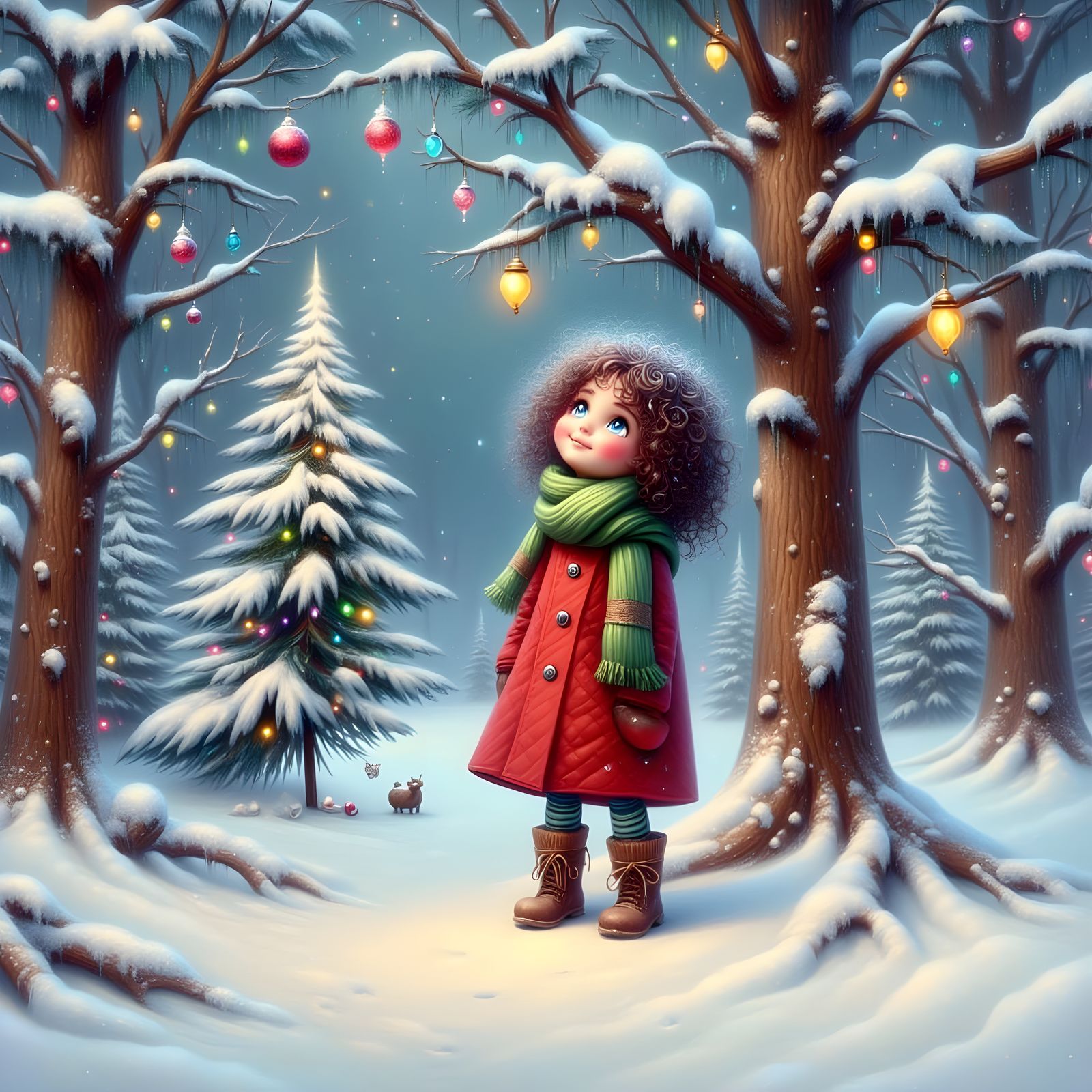 Whimsical Christmas Scene in Fantasy Forest