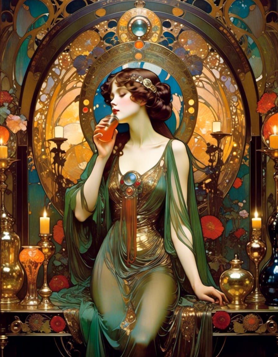 Art Nouveau Girl Drinks Laudanum in Ornate Room