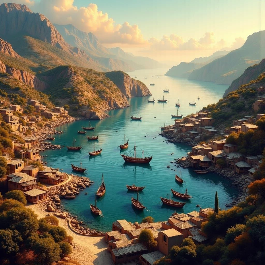 Phoenician Bay Harbor at Dawn, Ancient Mediterranean Scene