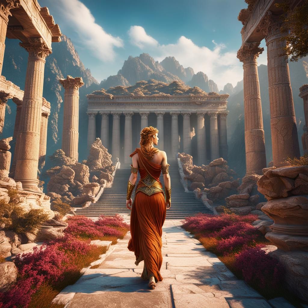 Greek Goddess Aphrodite walks in Olympus