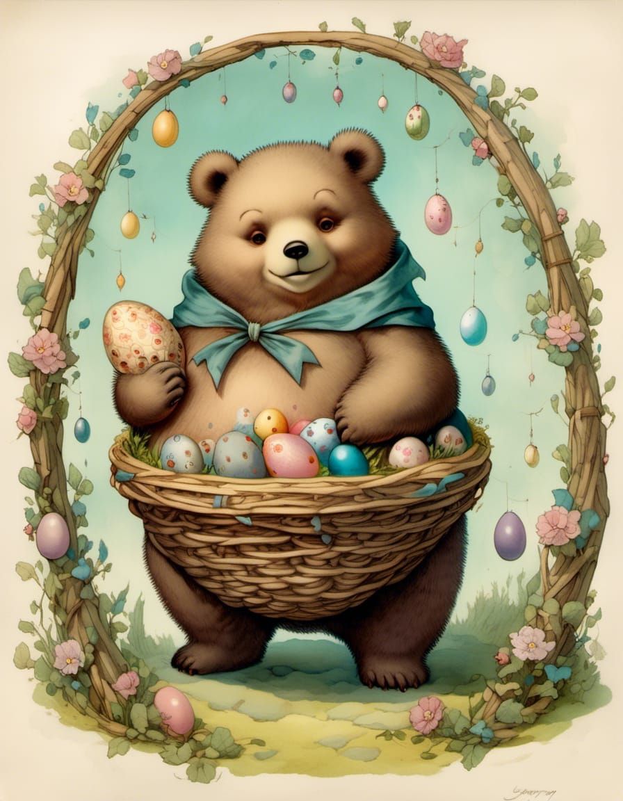 Anthropomorphic Bear Cub with Easter Basket