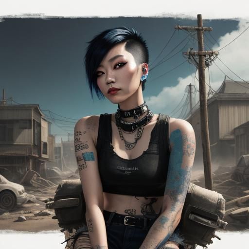Punk Woman in Post-Apocalyptic Pastel Town