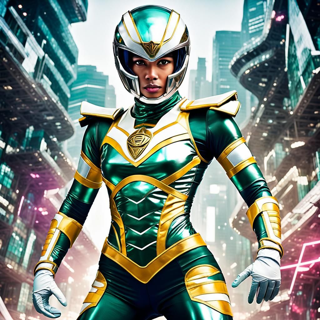 Futuristic Female Power Ranger in Sci-Fi Spaceport
