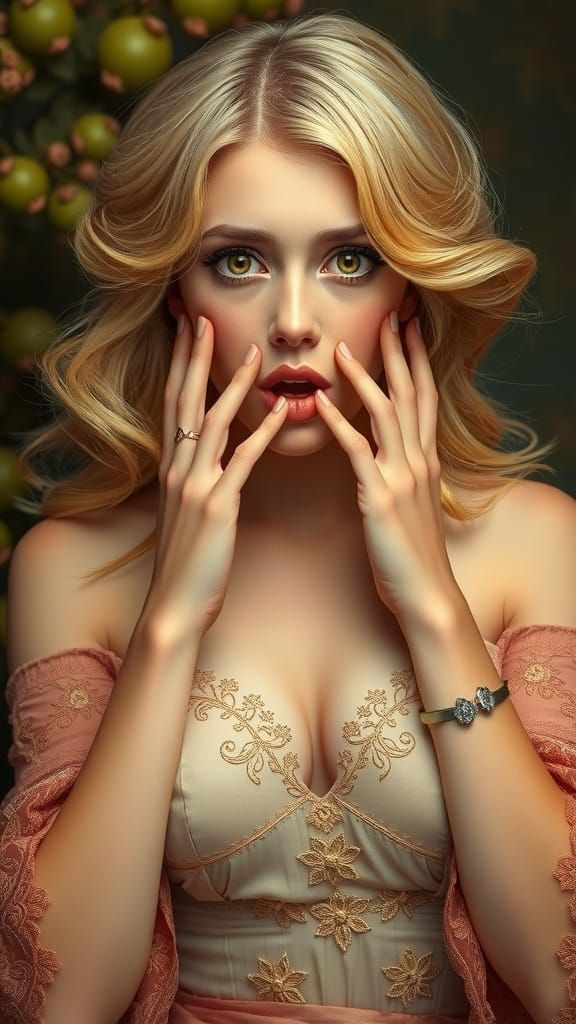 Astonished Blonde Woman in Art Nouveau Style