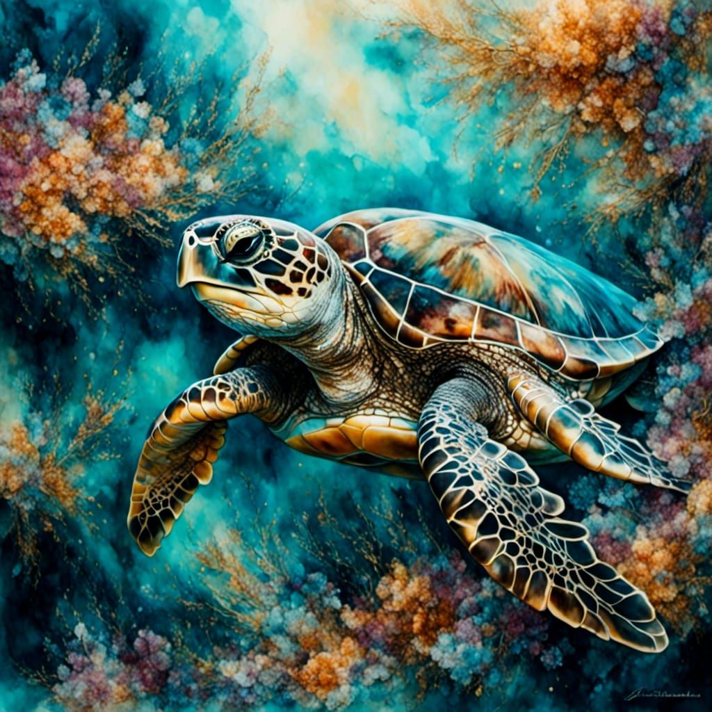 Filigree Shelled Sea Turtle in Watercolor Concept Art
