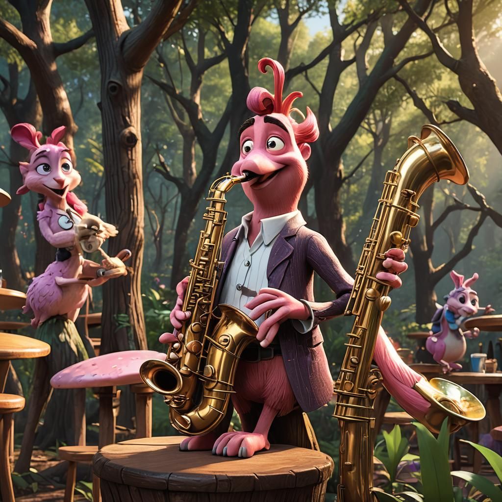 Exotic Animals Play Jazz in Forest Bar