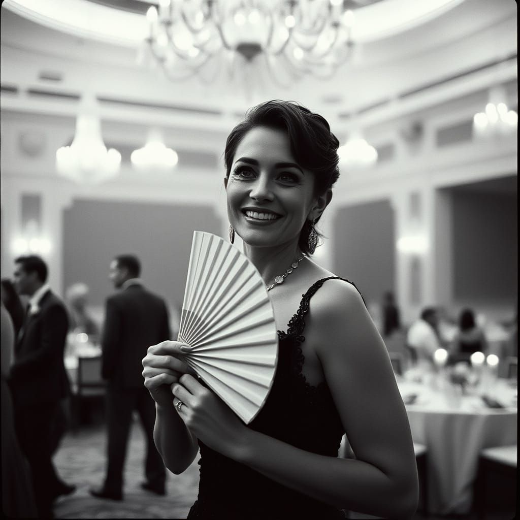 Elegant Lady Smiling in Ballroom: Black and White Photo