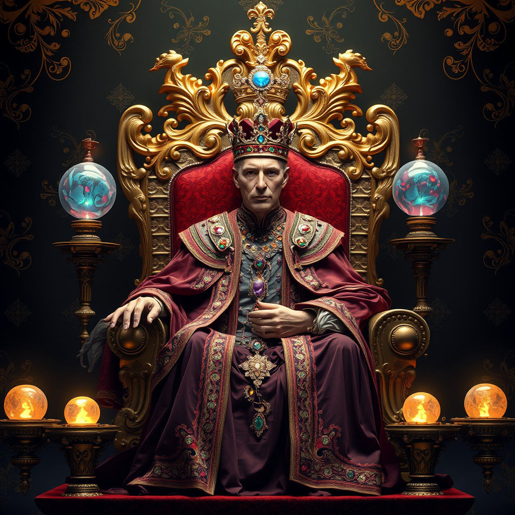 Crowned Monarch on Gilded Throne: Fantasy Concept Art