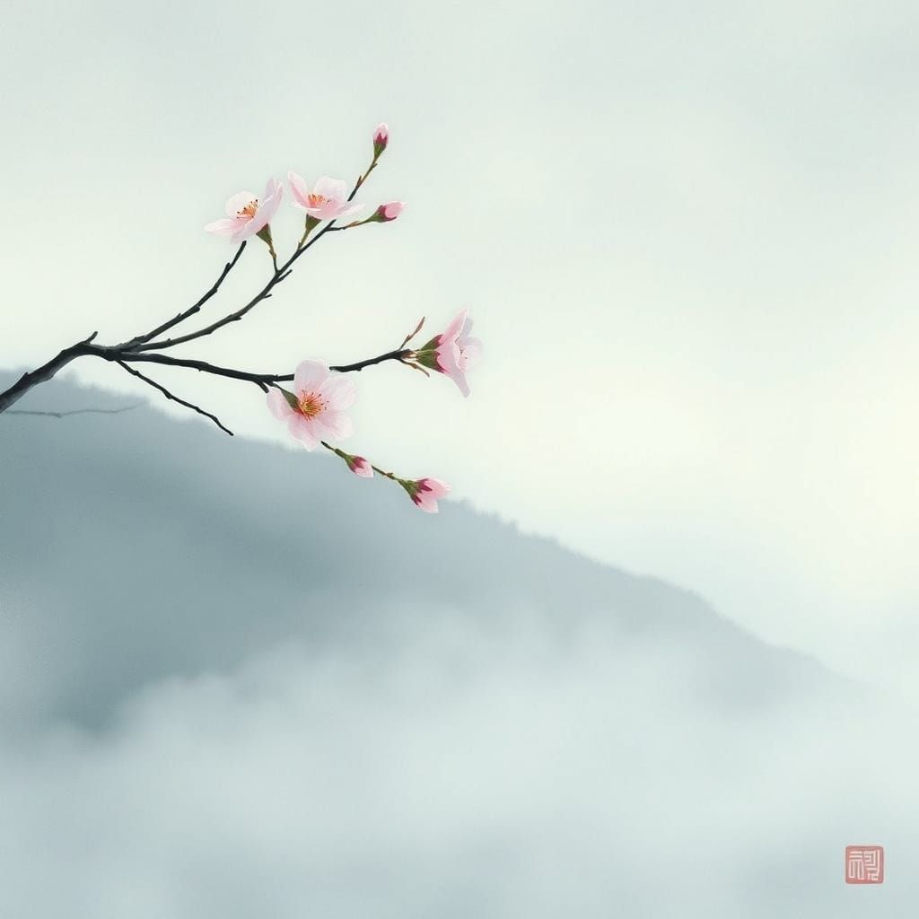 Cherry Blossom in Misty Japanese Landscape