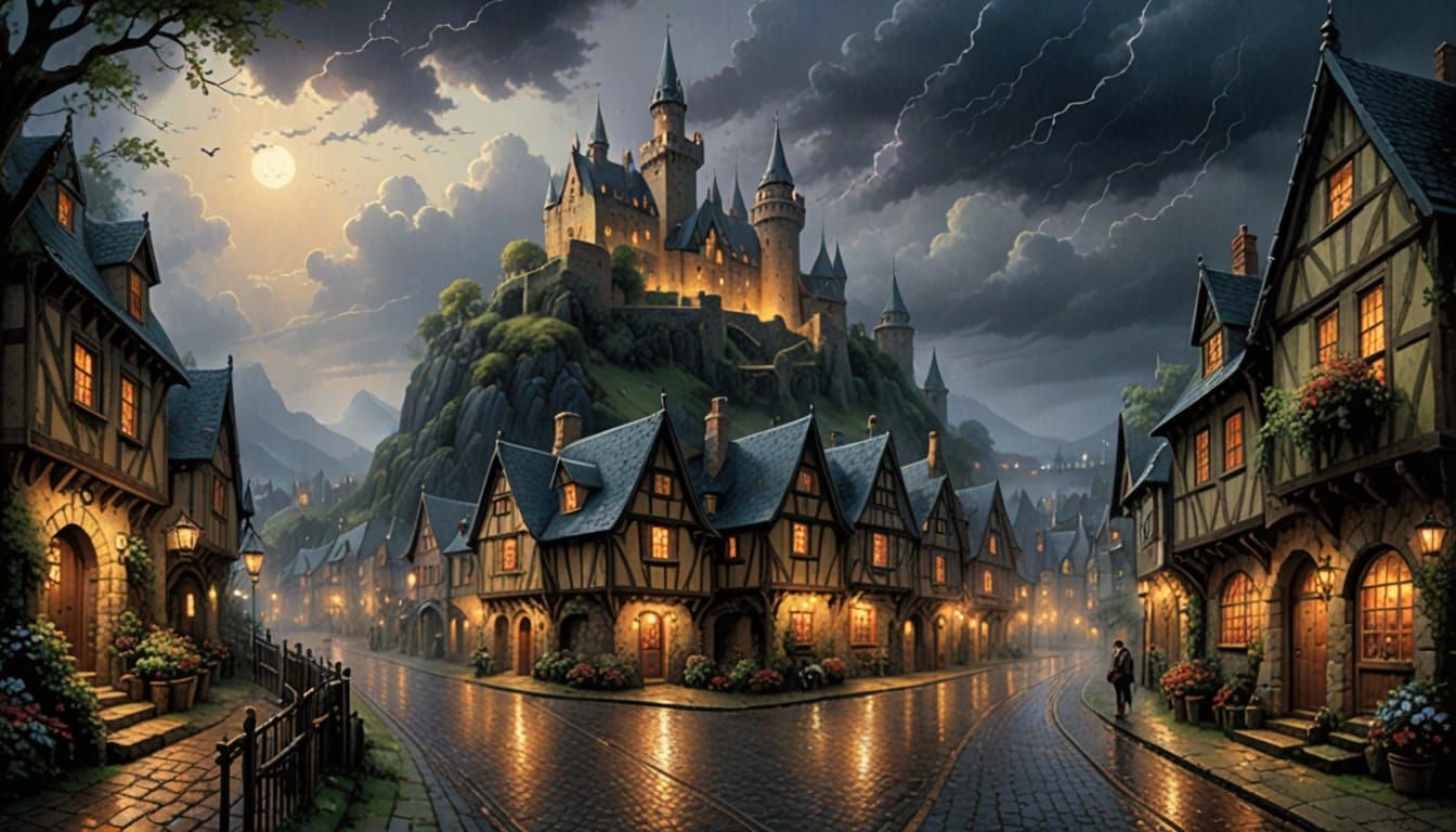 Mystical Medieval Scene in Ethereal Stormy Weather
