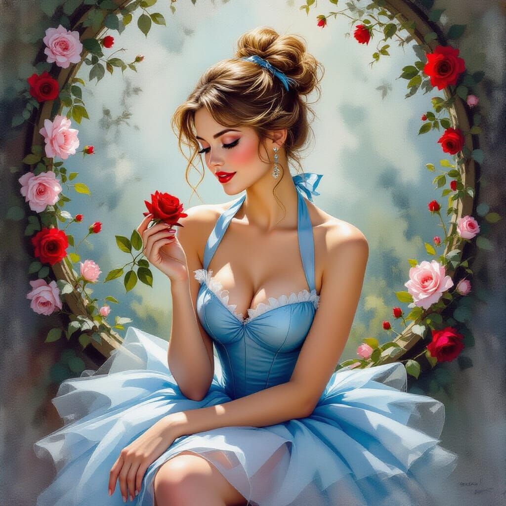 Shabby Chic Woman with Rose in Realistic Style