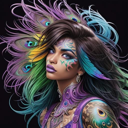 Peacock Woman Portrait in Comic Book Style