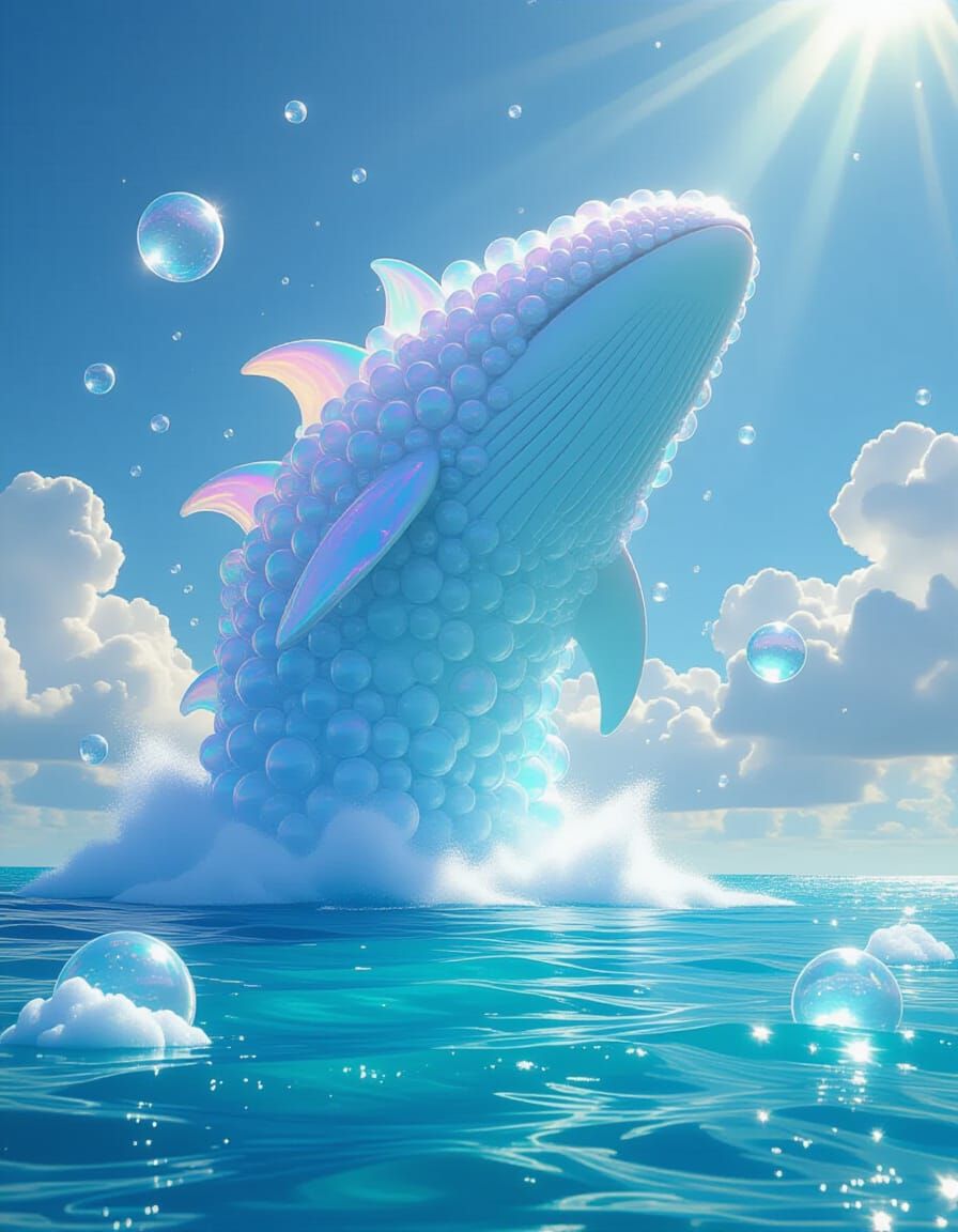 Iridescent Bubble Leviathan Rising from Turquoise Sea