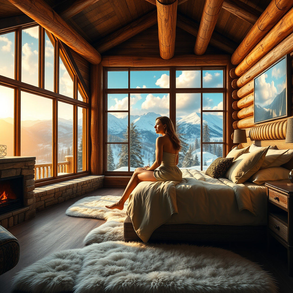 Log Cabin Bedroom with Snowy Mountain View