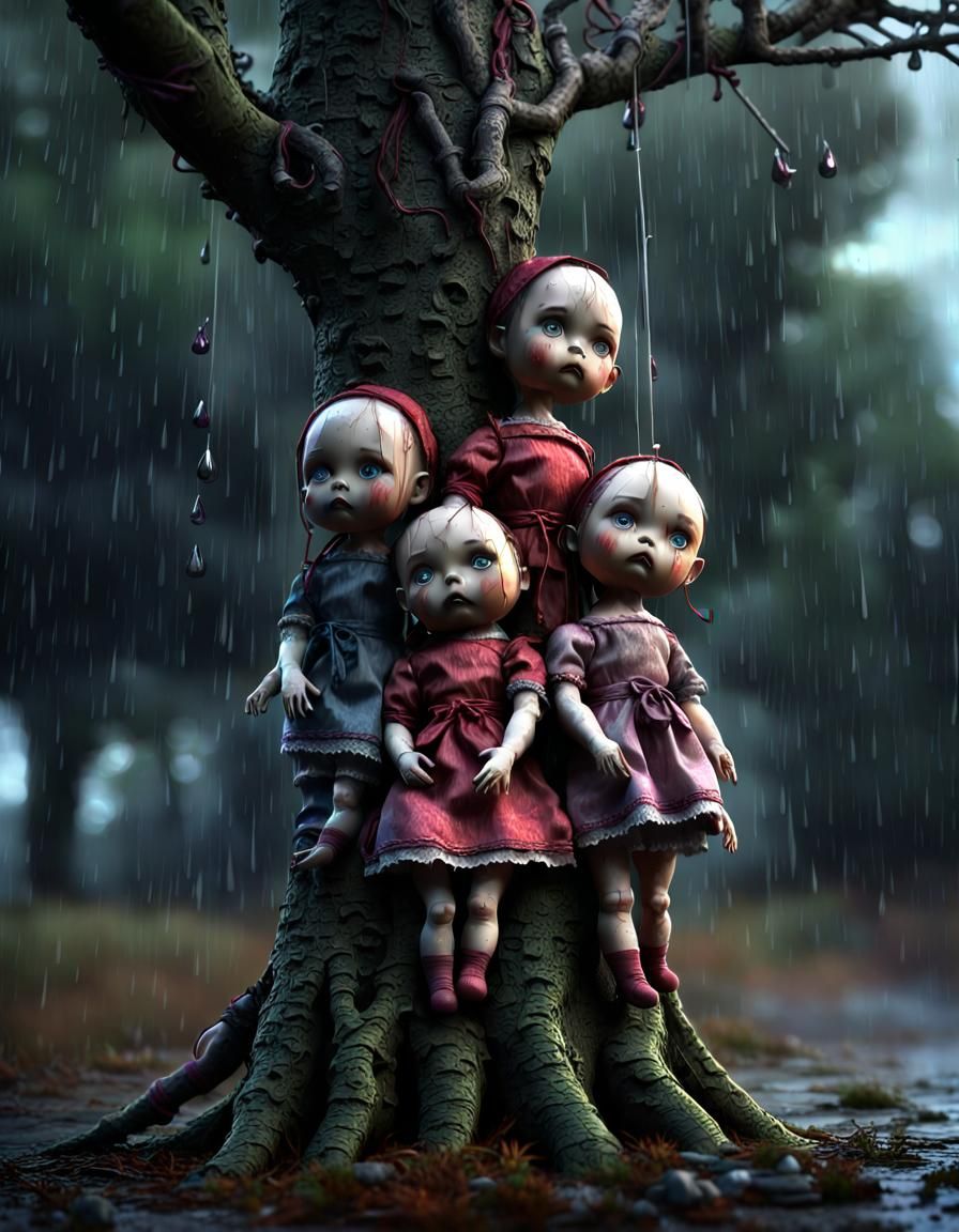 Cursed Dolls Tied to Tree in Rainy Weather
