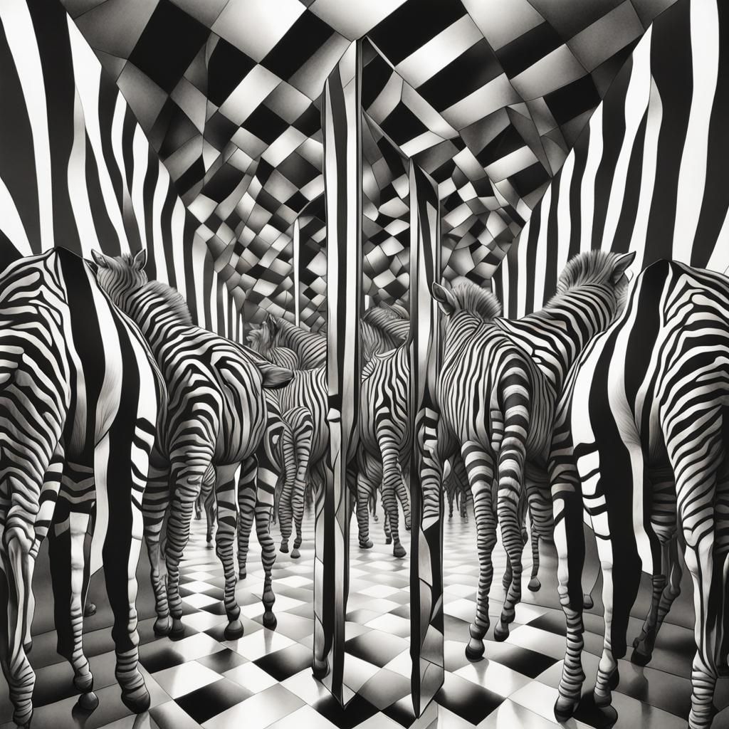 Surreal Zebras Reflected in Mirrored Room